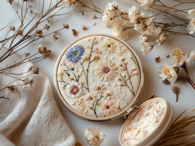 Ręcznie haftowany motyw kwiatowy na lnianej tkaninie